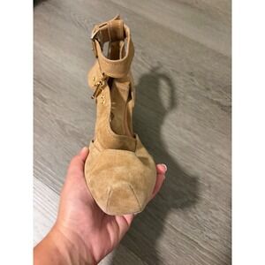 Shellys London Tan Suede Square Toe Ankle Strap Ballet Block Heels Size 40
